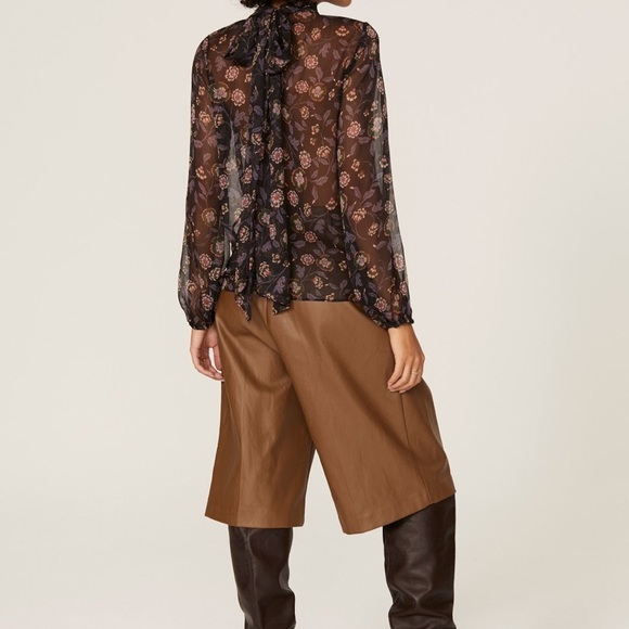 MISA Los Angeles Lulu Floral Top XS blouse long sleeve sheer tie bow black mock - Picture 3 of 16